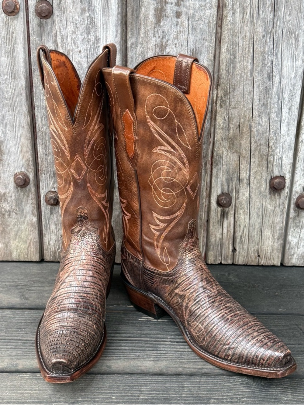 Lucchese 1883 Exotic Women's Cowboy Boots in Distressed Redwood Color - Picture 3 of 9